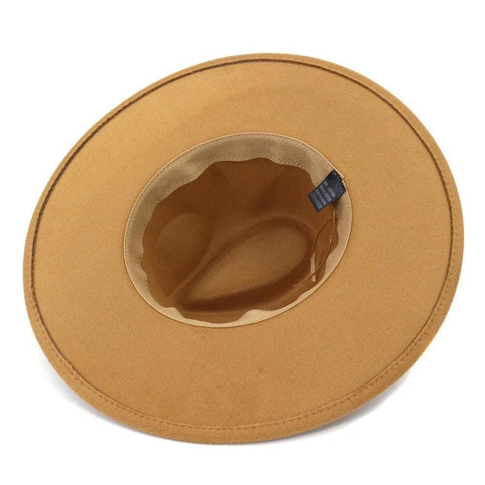 Inside view of wide brim retro fedora hat in light brown felt