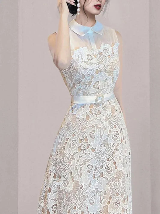 Doll Neck Patchwork Flower Lace Dress -Guocali