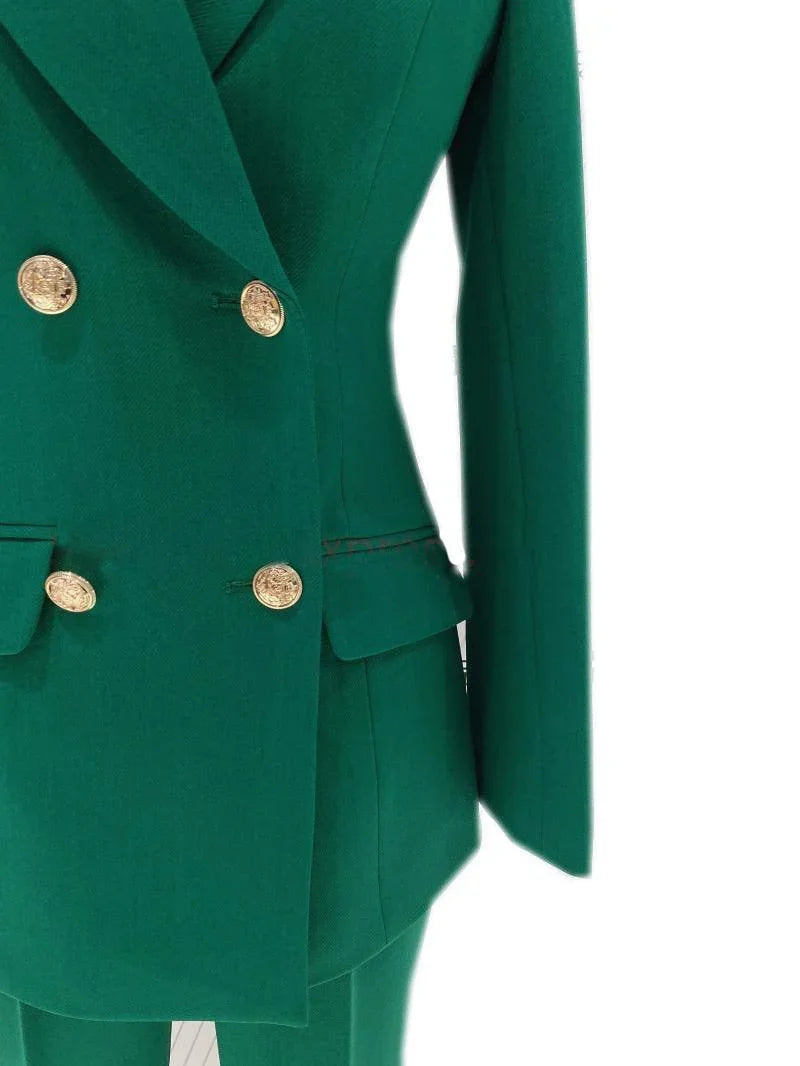 Green double-breasted women's formal pantsuit with gold buttons and tailored fit