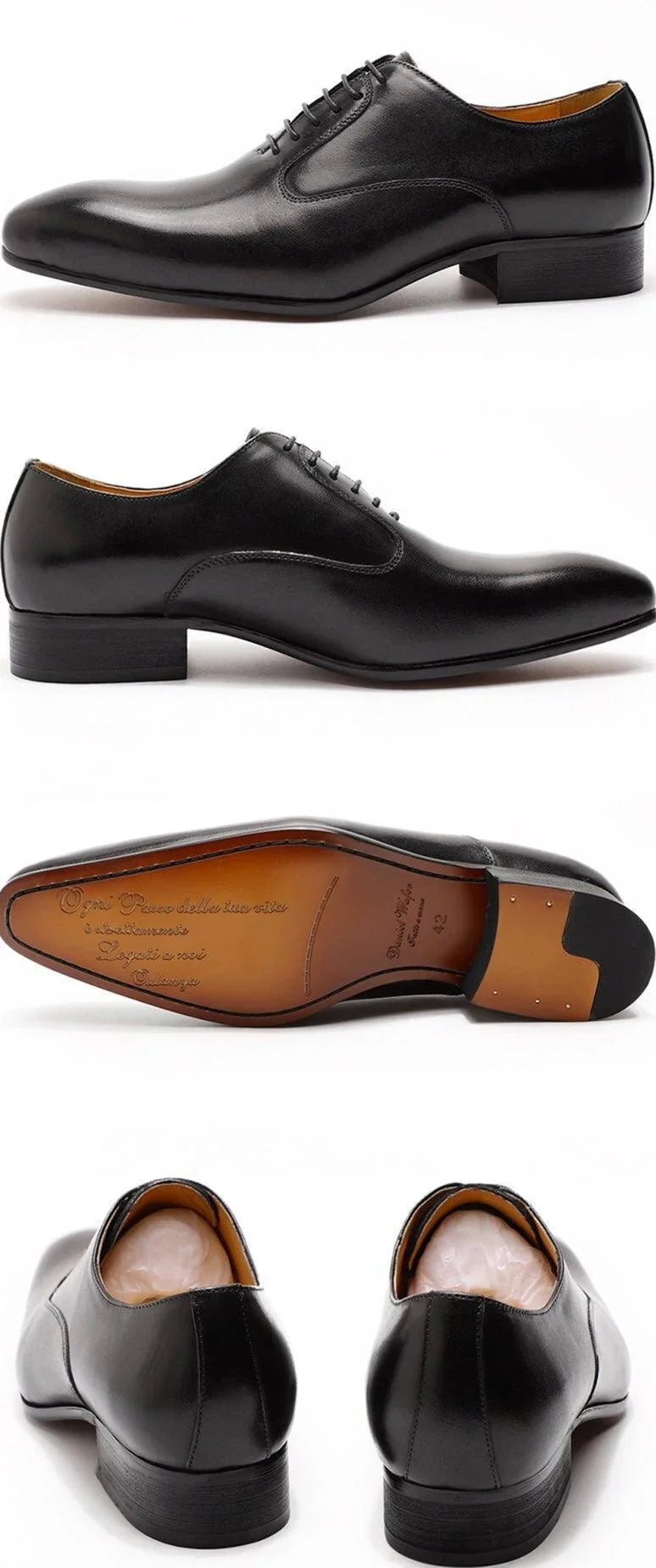 Black leather men's dress shoes, lace-up oxford style, shown from multiple angles on white