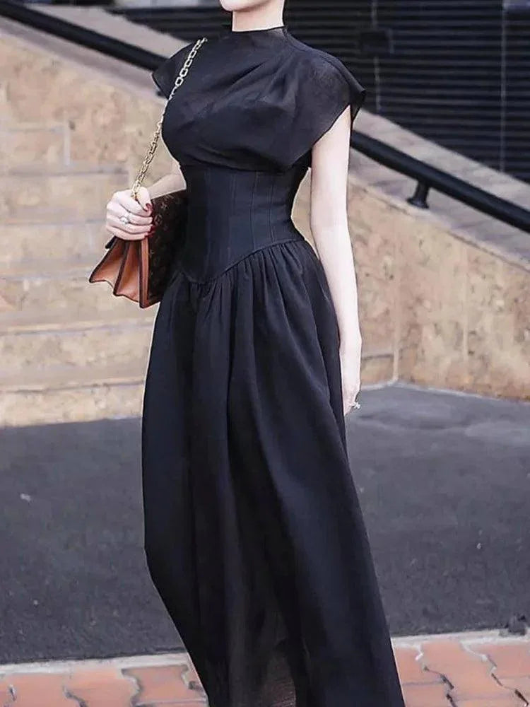 Elegant Black Midi Dress Sleeveless -Guocali