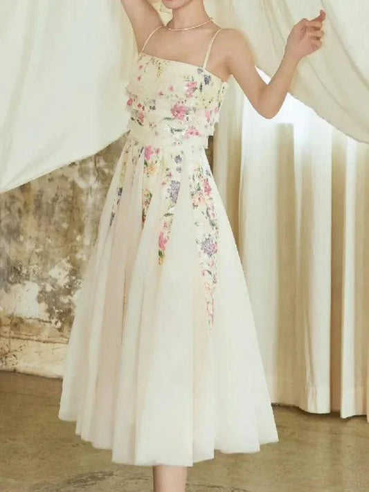 Fairy Style Printed Mesh Midi Dress -Guocali