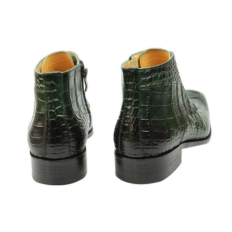 Dark green crocodile-pattern leather ankle boots with low heels on a white background