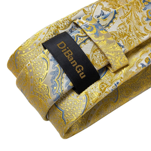 Gold Blue Paisley Necktie Set -Guocali