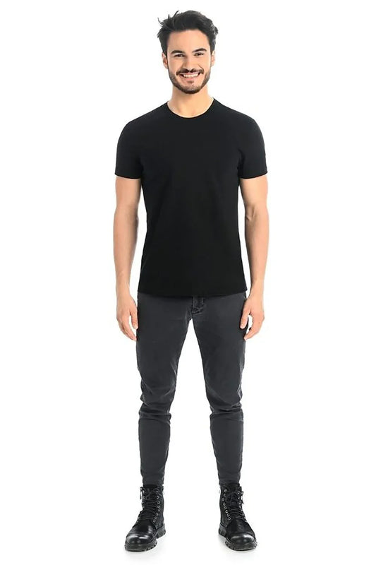 Men Crew-Neck Short-Sleeves T-Shirt – Stretchable - Black -Guocali