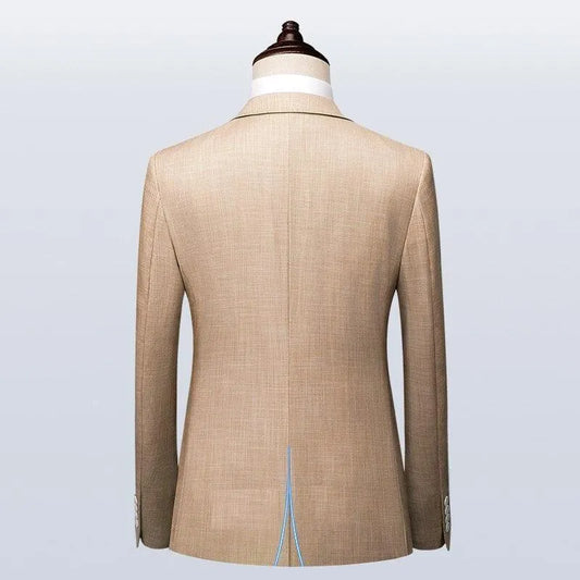 Back view of camel color men's 3-piece suit jacket on mannequin