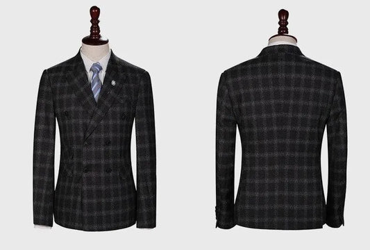 Men’s plaid 3-piece suit jacket in dark tones, front and back on mannequin