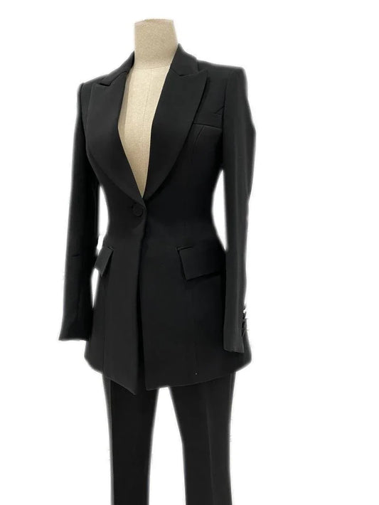 Black women's micro flare low-neck pantsuit with blazer and trousers on mannequin