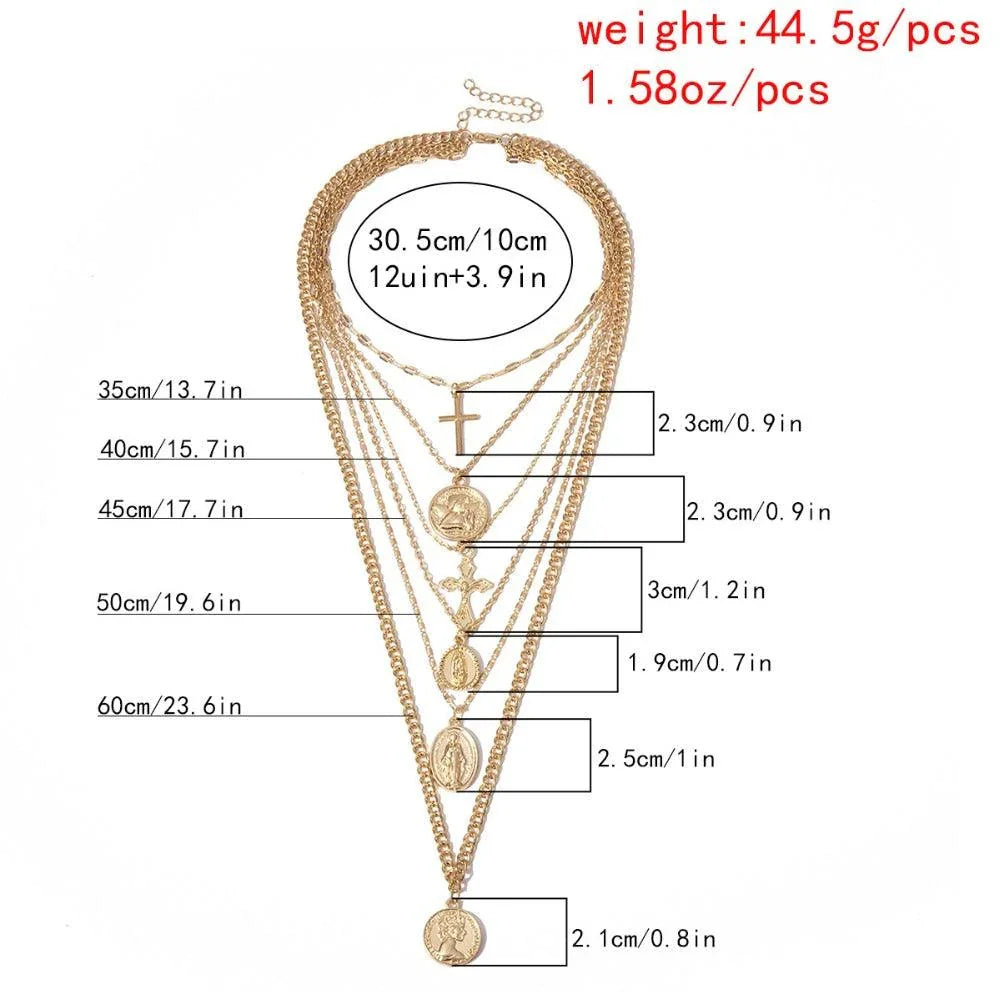 Multi-Layer Pendant Necklace - Cross and Virgin Mary -Guocali