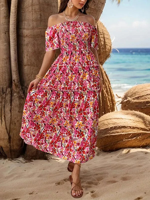 Resort Style off-Shoulder Printed Dress -Guocali