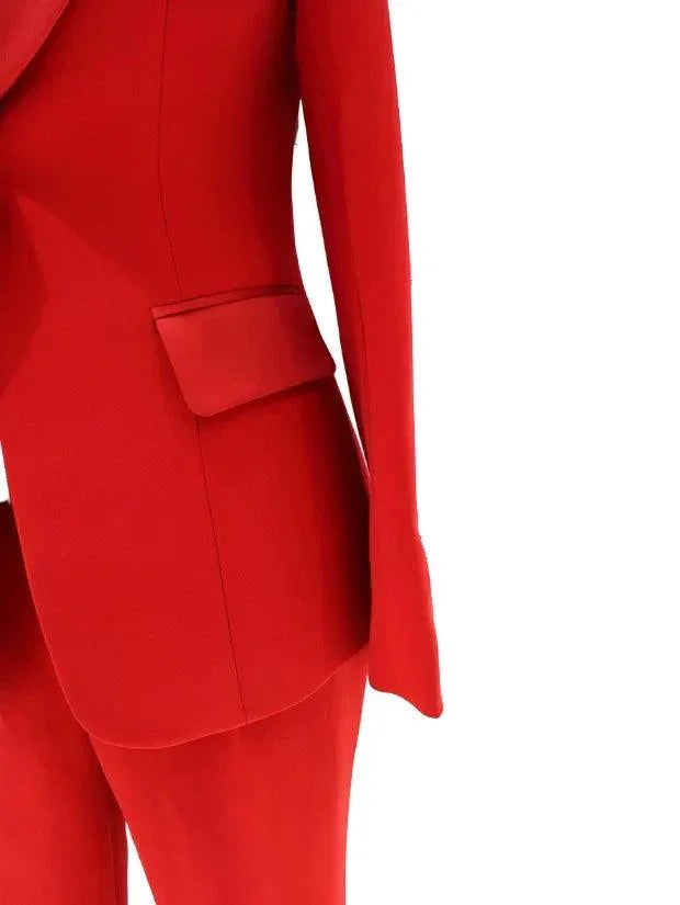 Red satin lapel collar women's pant suit with tailored blazer and trousers