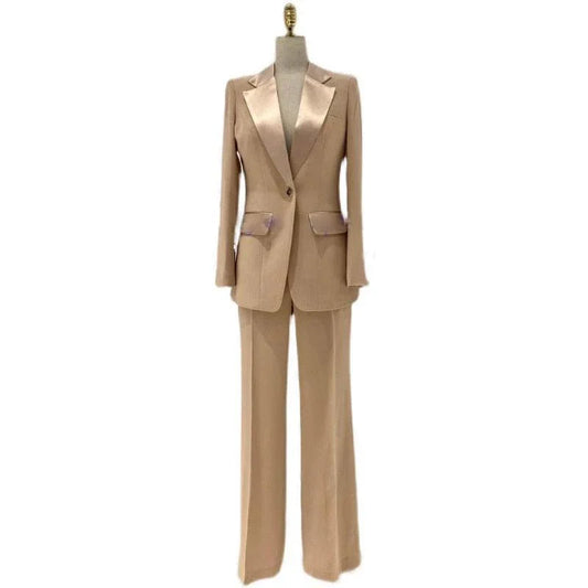 Champagne silk satin wedding pantsuit for women with blazer and wide-leg trousers