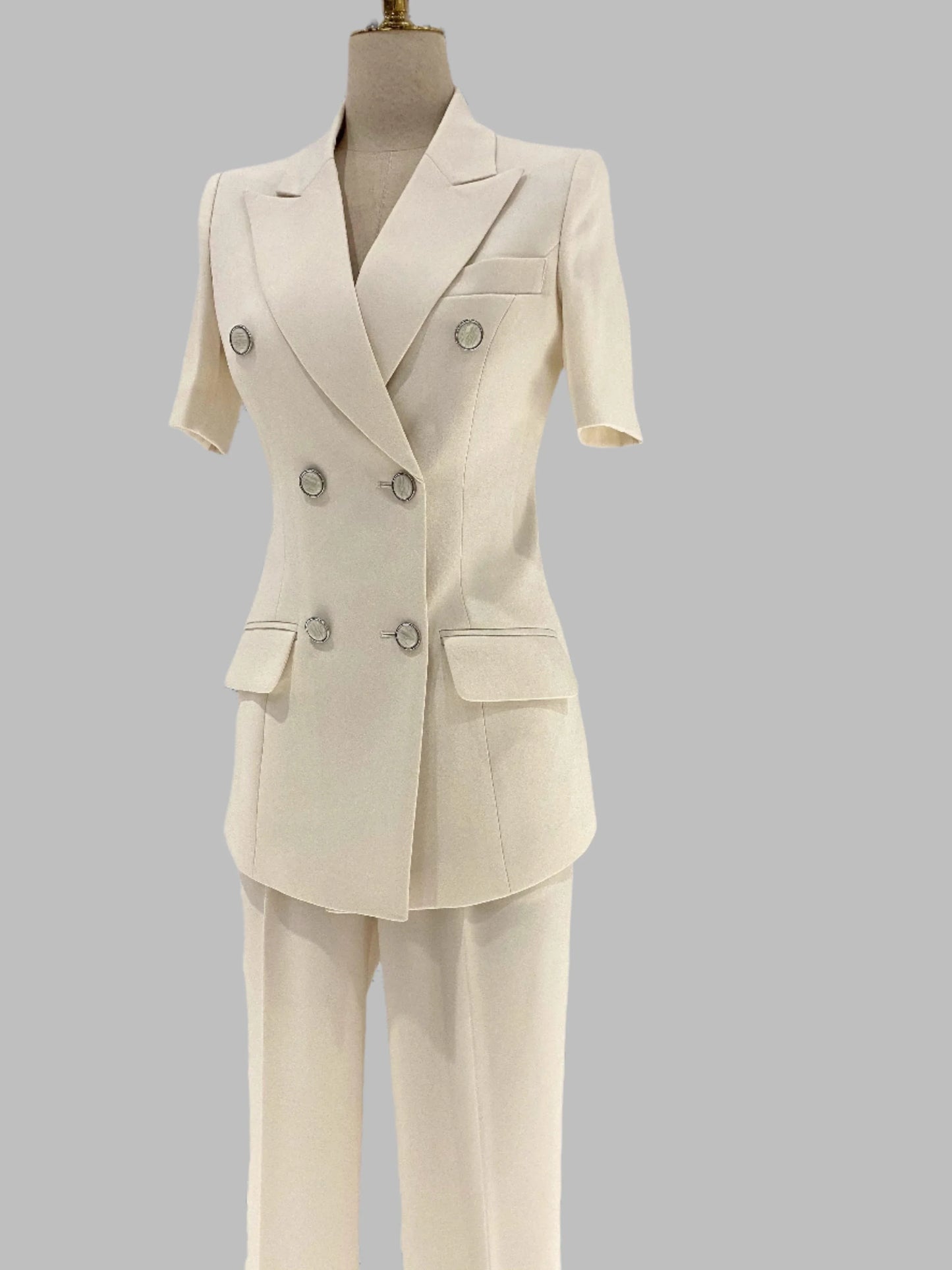 Thin Short Sleeved Women Pant Suit, Off-White, Black -Guocali