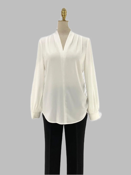 White Chiffon Women Blouse, V-neck -Guocali
