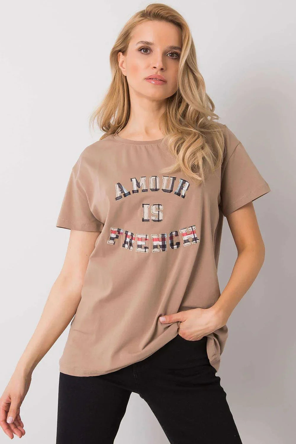 Women Crew-Neck Short-Sleeves T-Shirt – Stretchable - Beige -Guocali