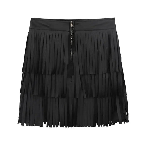 Women Leather Skirt - Layered Fringe Tassel Skirt -Guocali