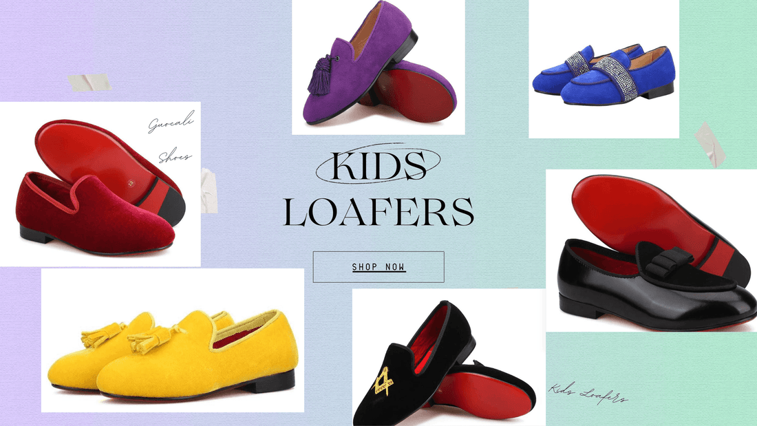 Colorful kids loafer shoes by GUOCALI, luxury fashion footwear on pastel background, shop now