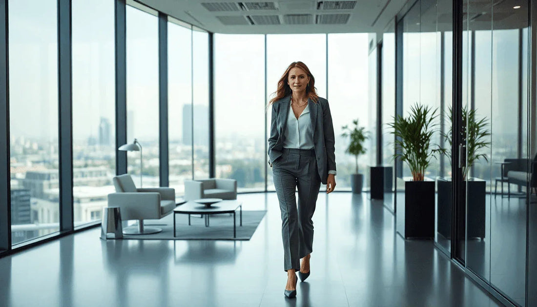 Woman in stylish gray business trousers suit walking in a modern office with glass walls