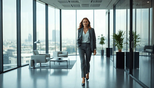Woman in stylish gray business trousers suit walking in a modern office with glass walls