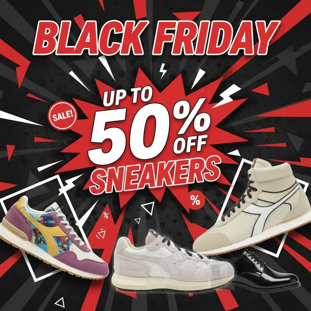 Black Friday sneaker sale banner with up to 50% off, featuring colorful and beige sneakers.
