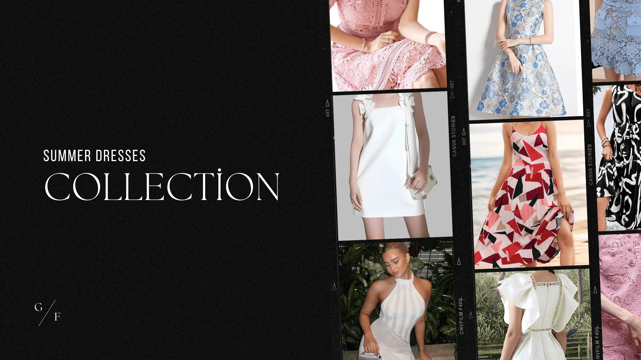 Summer dresses collection collage featuring lace, floral, geometric, and white dress styles