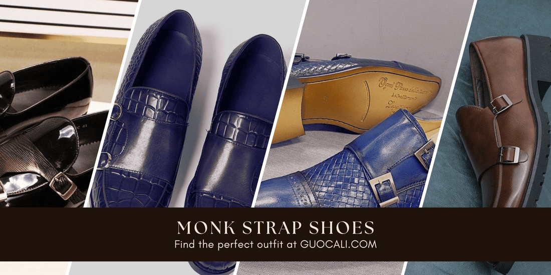 GUOCALI luxury leather monk strap shoes for men in black, blue, and brown styles