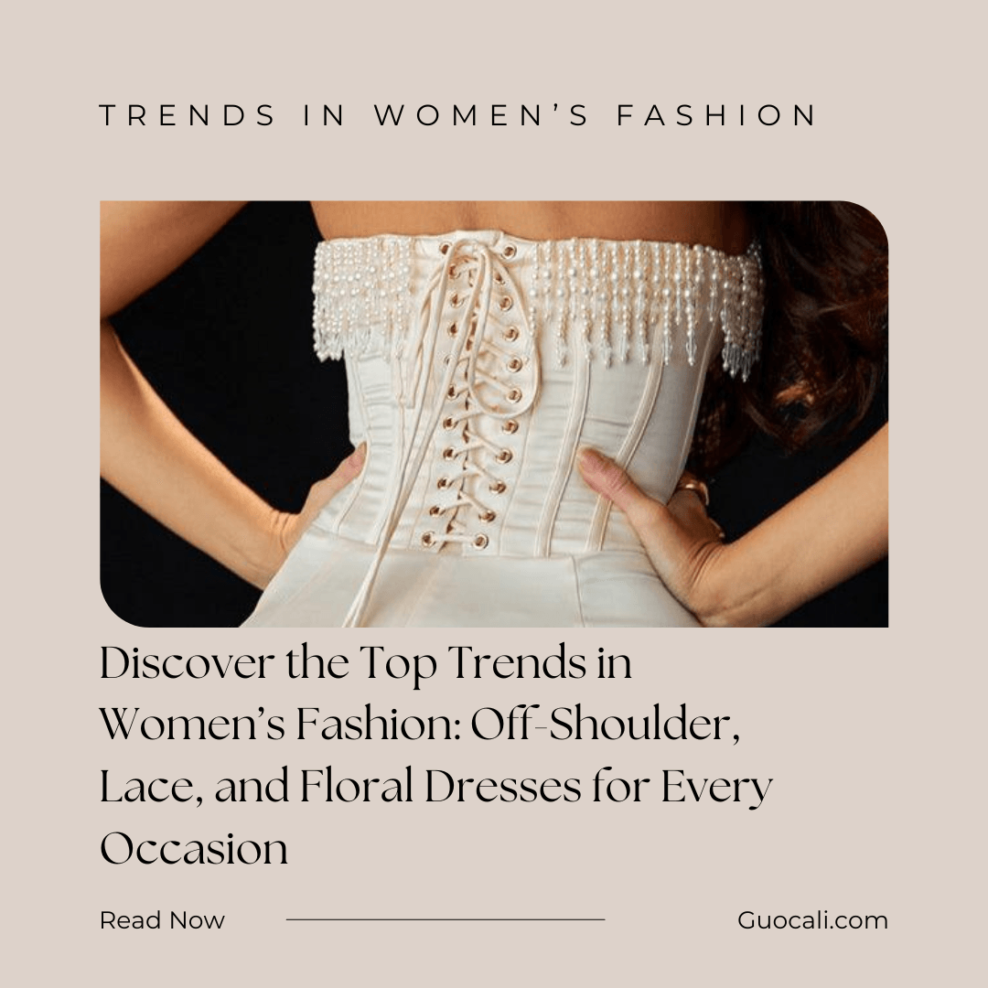 Woman wearing a GUOCALI off-shoulder lace-up pearl corset dress, highlighting fashion trends.