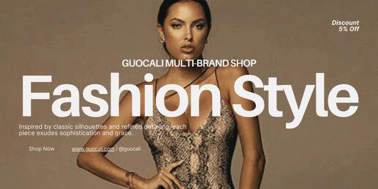Woman in luxury dress posing for Guocali multi-brand fashion shop online ad
