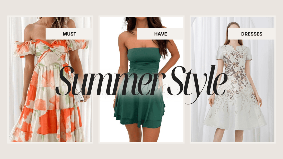 Three women modeling summer dresses, floral, green strapless, and embroidered, with 'Summer Style' text.