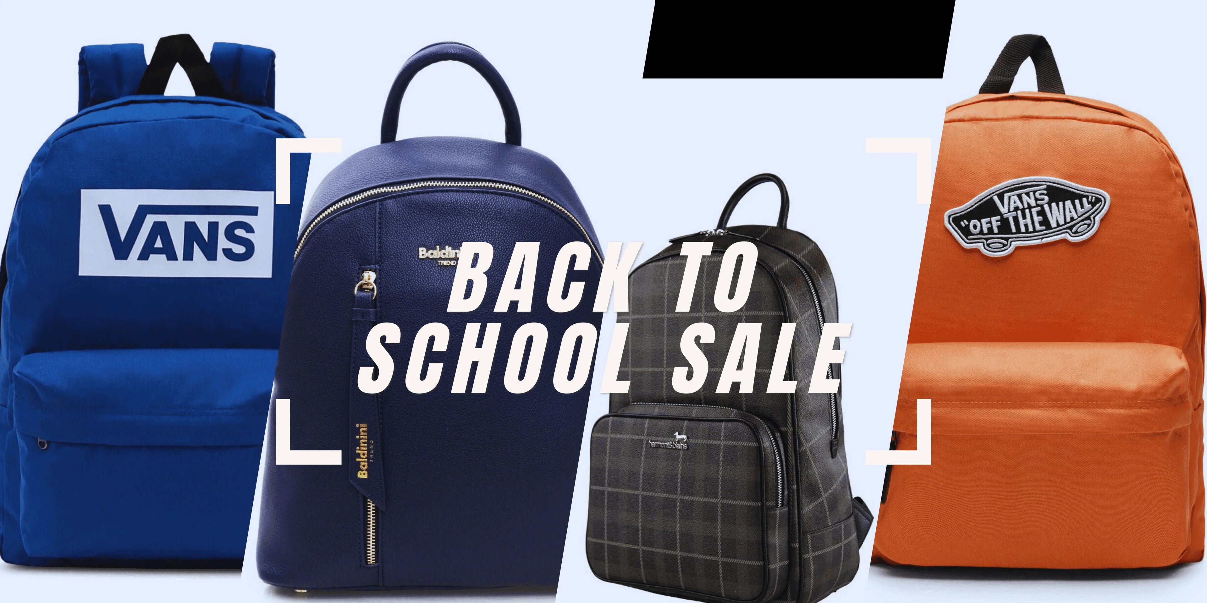 Back to school sale banner with Vans, Baldinini, and designer backpacks on display