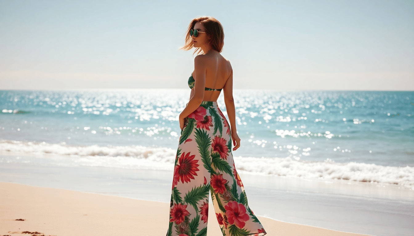 Woman wearing floral beach pants and sunglasses walking on a sunny beach