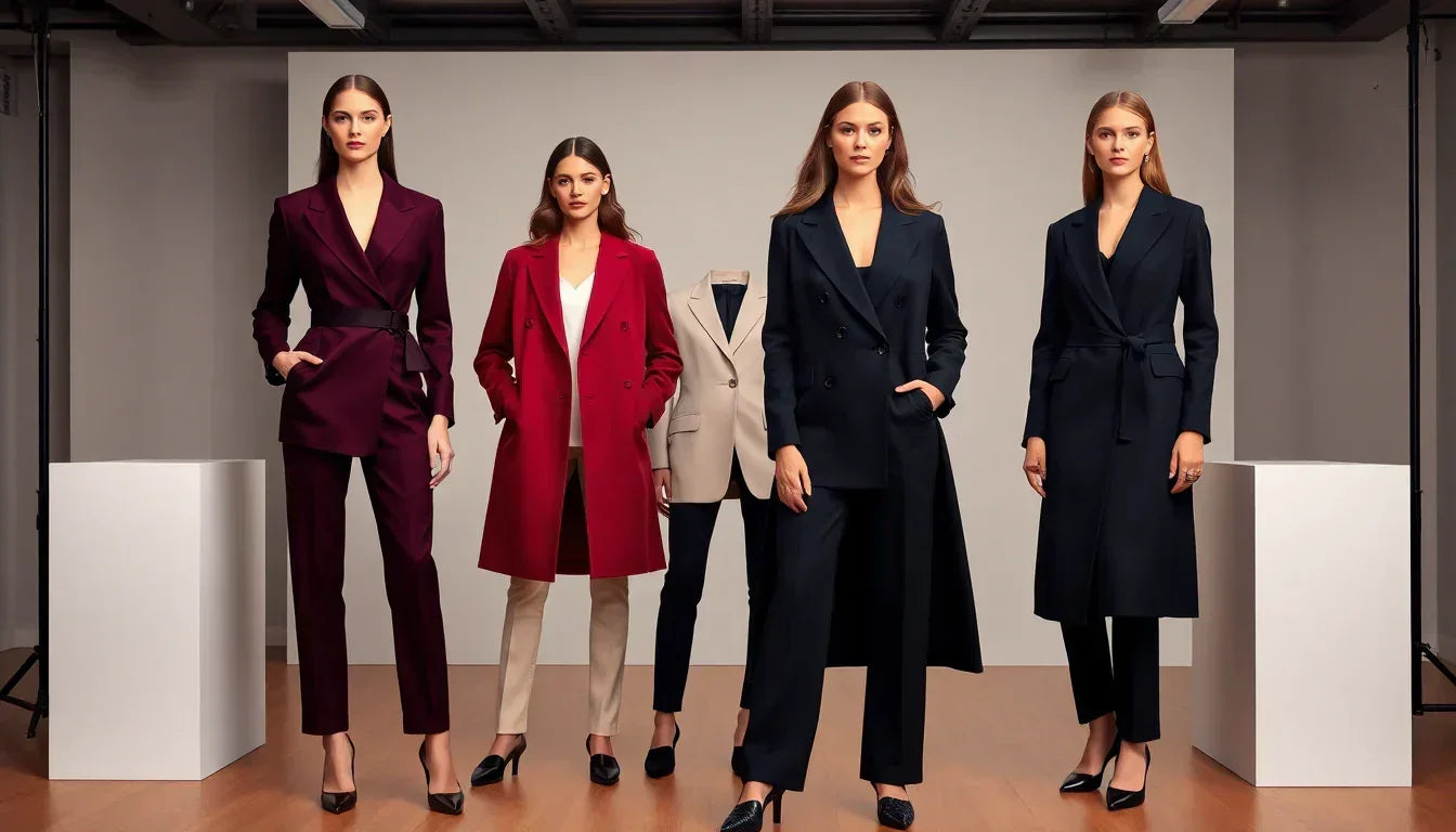 elegant blazers in burgundy, red, beige, and navy by GUOCALI Paris.