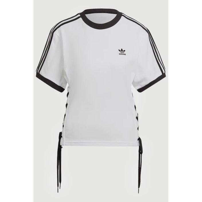 White adidas women's t-shirt with black trim, logo, and side drawstring details