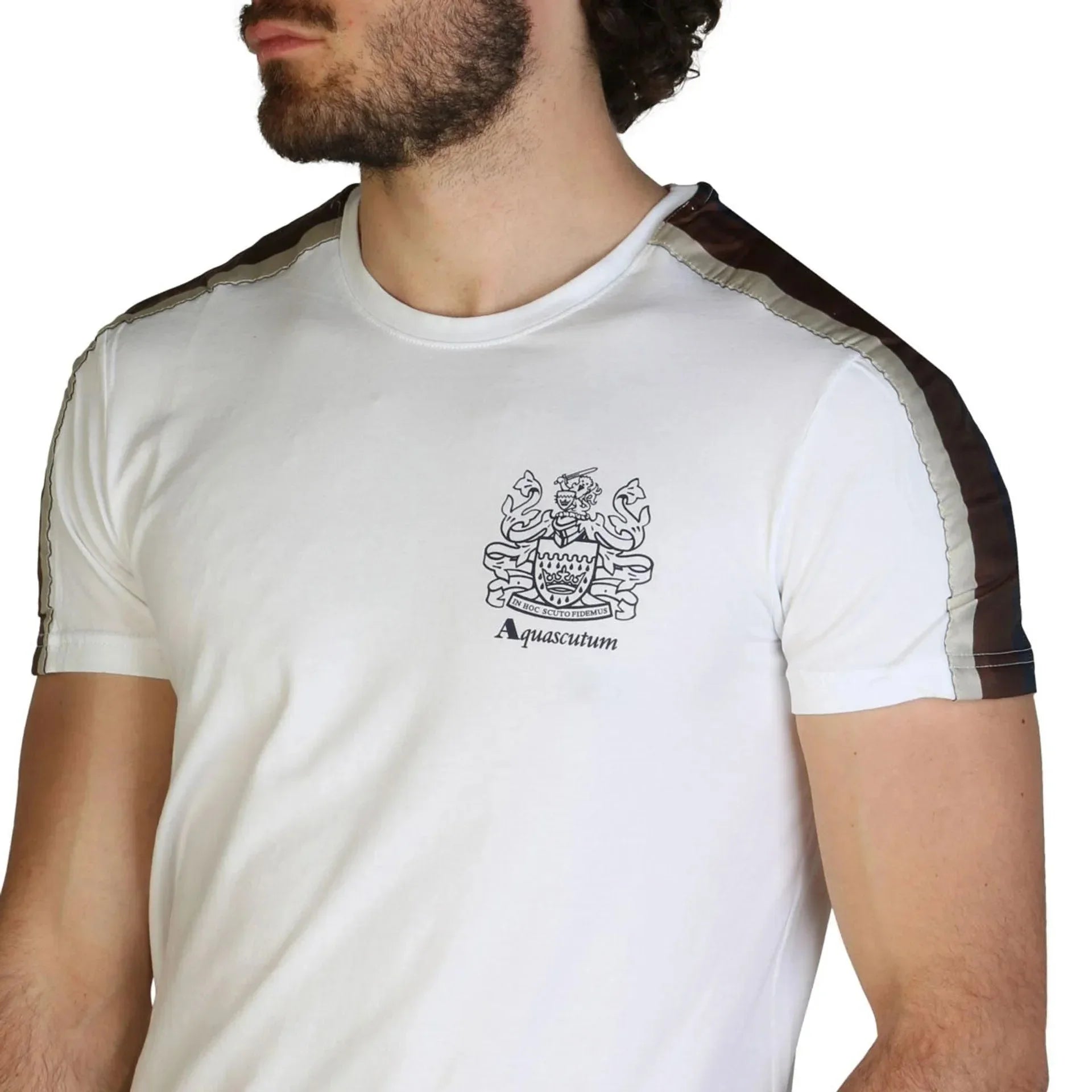 Man wearing Aquascutum white designer t-shirt with crest logo, premium fashion by GUOCALI