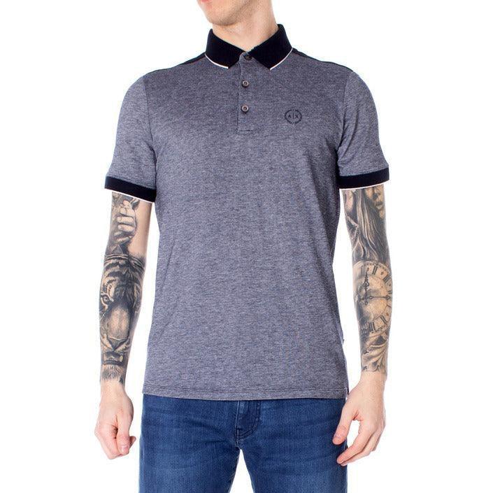 Man wearing Armani Exchange grey polo shirt with black collar, jeans, stylish tattoos, GUOCALI