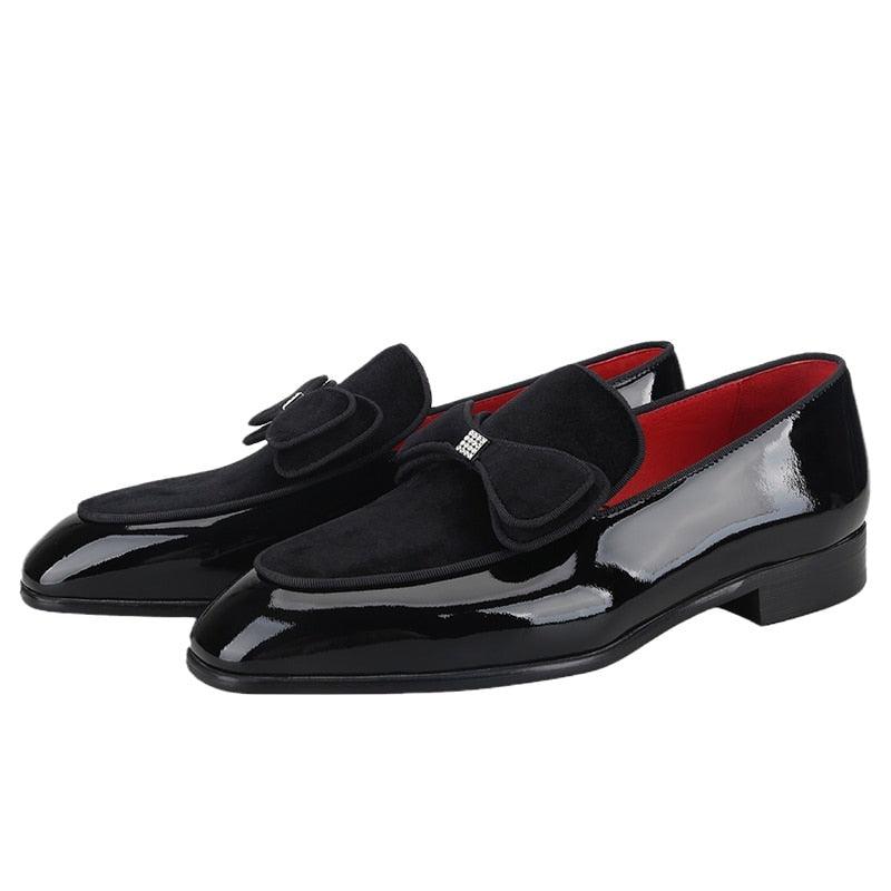 GUOCALI black patent leather men's loafer shoes with black suede bows and red lining