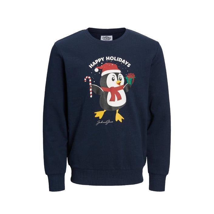 Navy blue branded holiday sweatshirt with festive penguin, candy cane, and gift graphic