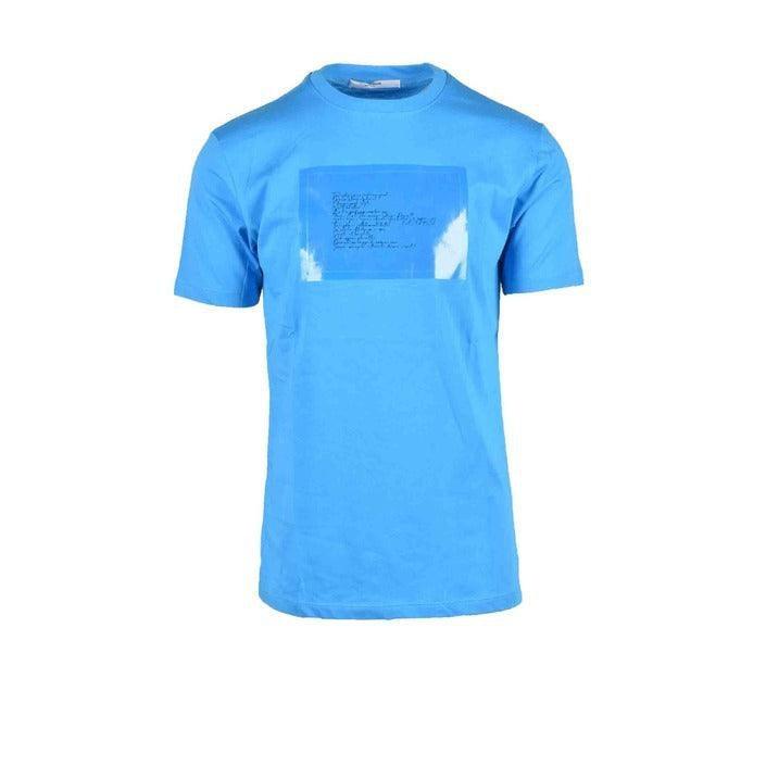 Blue branded t-shirt with graphic print on front, displayed on white background