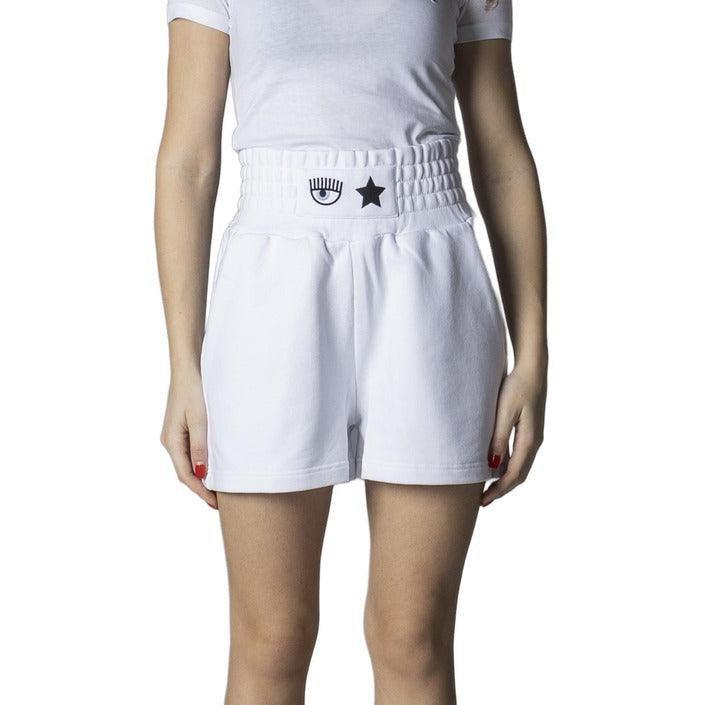 Woman wearing Chiara Ferragni white high-waisted shorts with eye and star logo