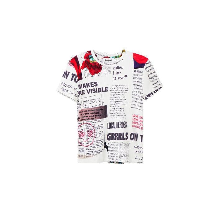 Desigual graphic print t-shirt with newspaper text and red accents on white background