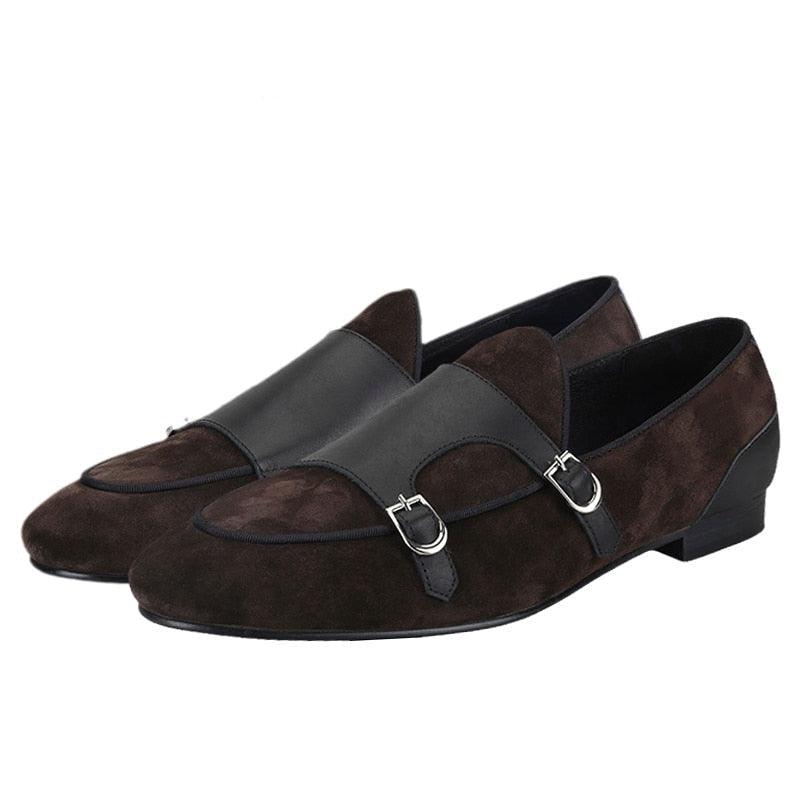 Men's brown suede loafers with black leather straps and metal buckles