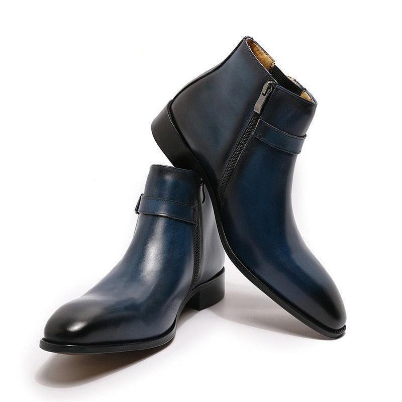 Men's dark blue leather ankle boots with side zippers, stylish formal footwear