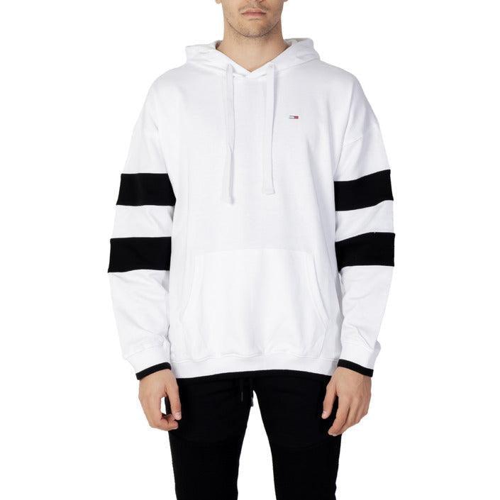 White hoodie with black arm stripes and front pocket, Guocali branded streetwear