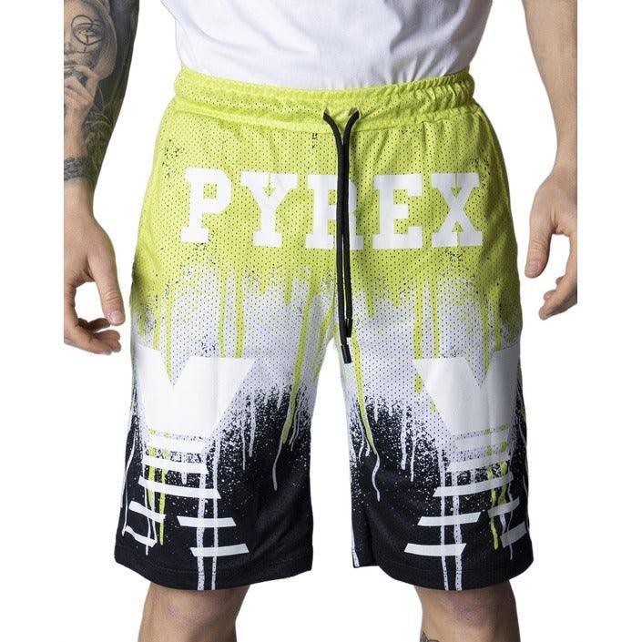 Men’s mesh shorts with PYREX logo, yellow and black streetwear design