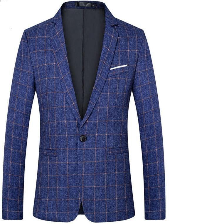 Men's blue plaid blazer with notch lapel and single button, formal jacket