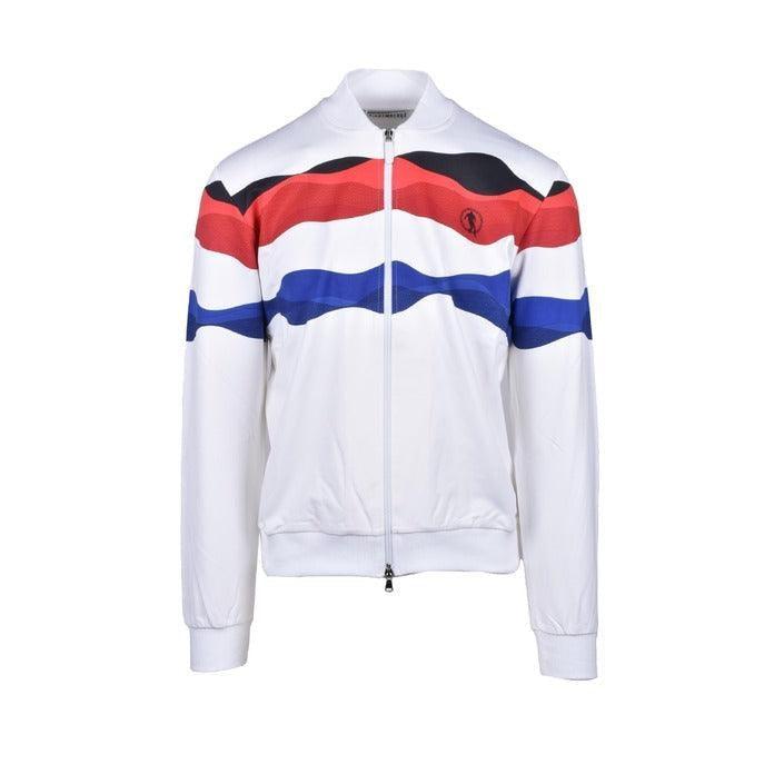 Men's white zip-up jacket with black, red, and blue wave stripes, Guocali men's clothing