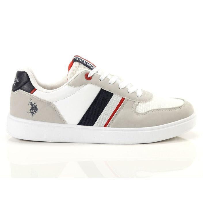 Men's white sneaker with navy and red stripes, low-top casual shoe on white background
