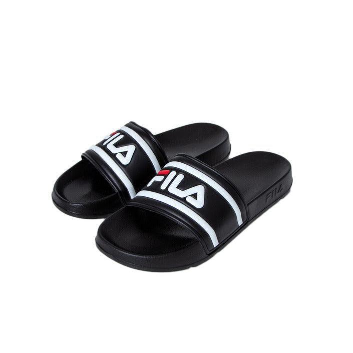 Black FILA men's slide slippers with white and red logo on white background