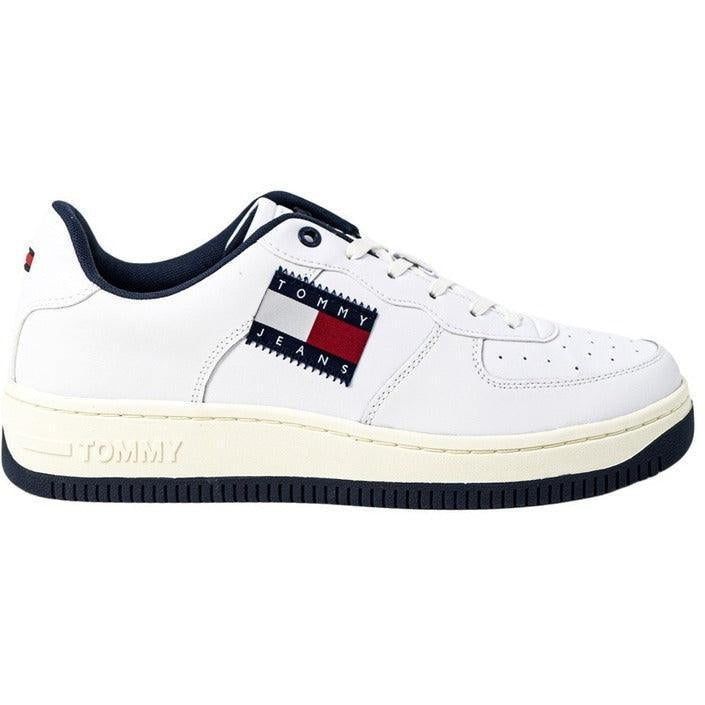 White men's sneaker with Tommy Jeans logo, navy accents, and retro sporty design