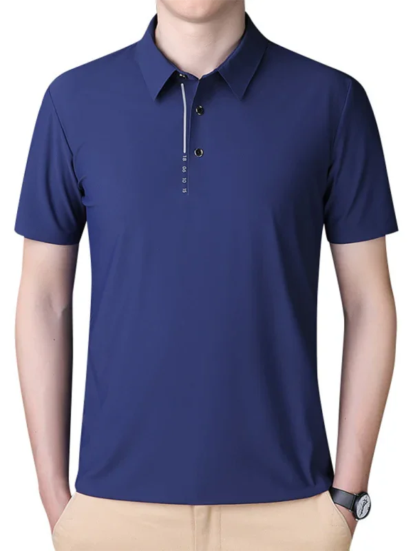 Men's short sleeve stretchable blue polo shirt with button collar